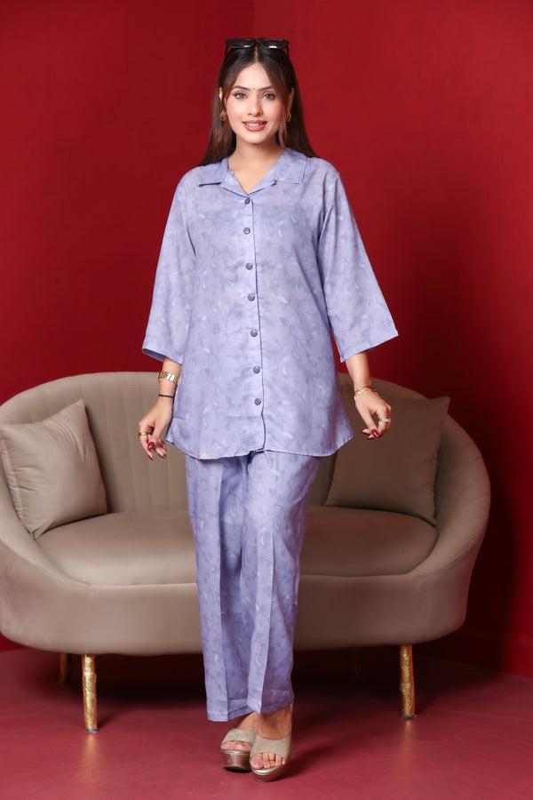 Collard Rayon Cotton Co-Ord Set - Purple