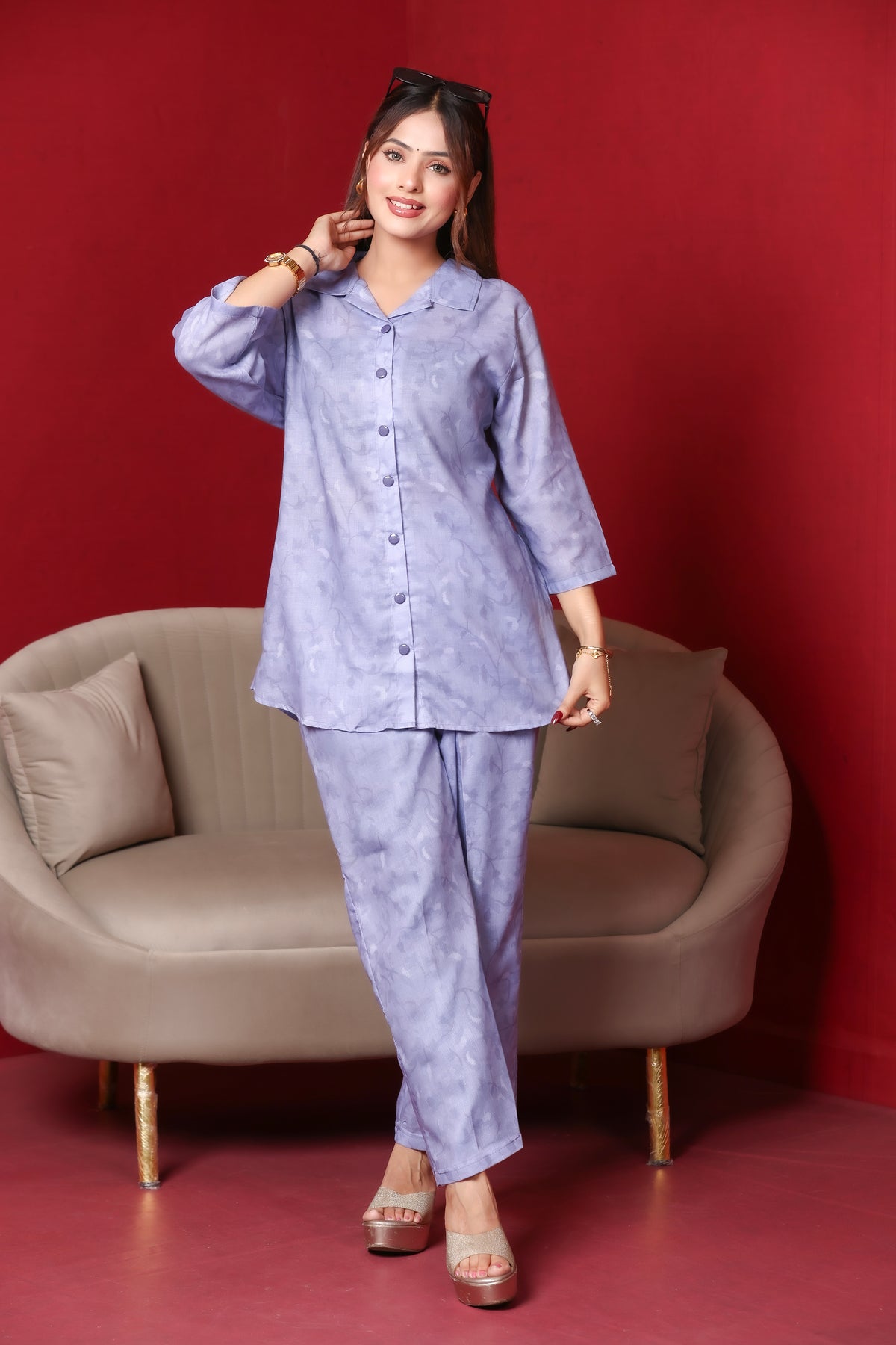 Collard Rayon Cotton Co-Ord Set - Purple