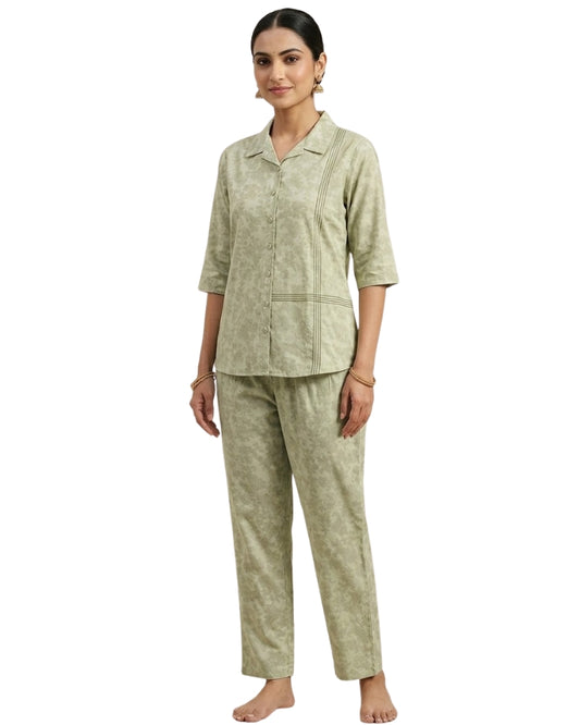 Collard Cotton Designer Printed Co-Ord Set - Pista