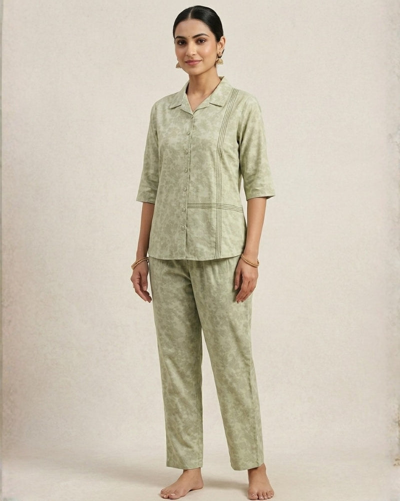 Collard Cotton Designer Printed Co-Ord Set - Pista