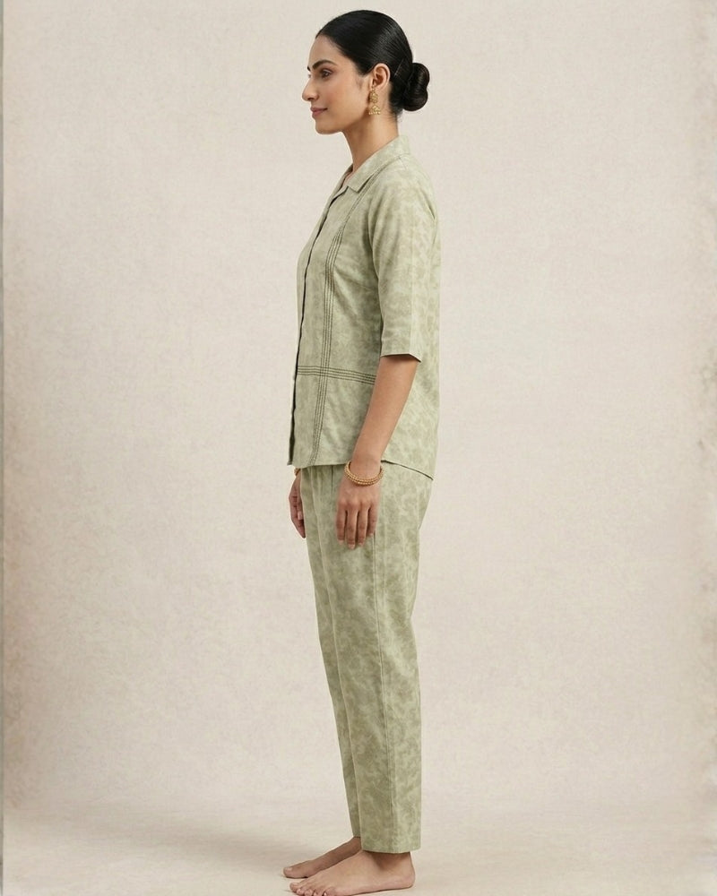 Collard Cotton Designer Printed Co-Ord Set - Pista