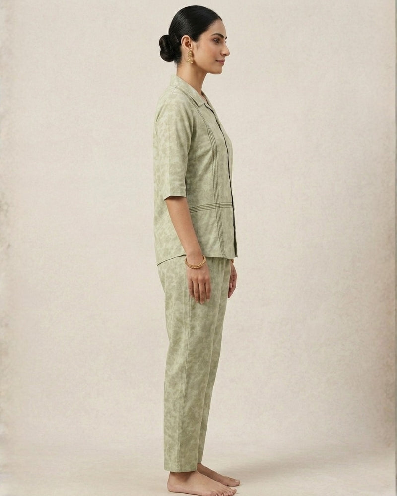 Collard Cotton Designer Printed Co-Ord Set - Pista