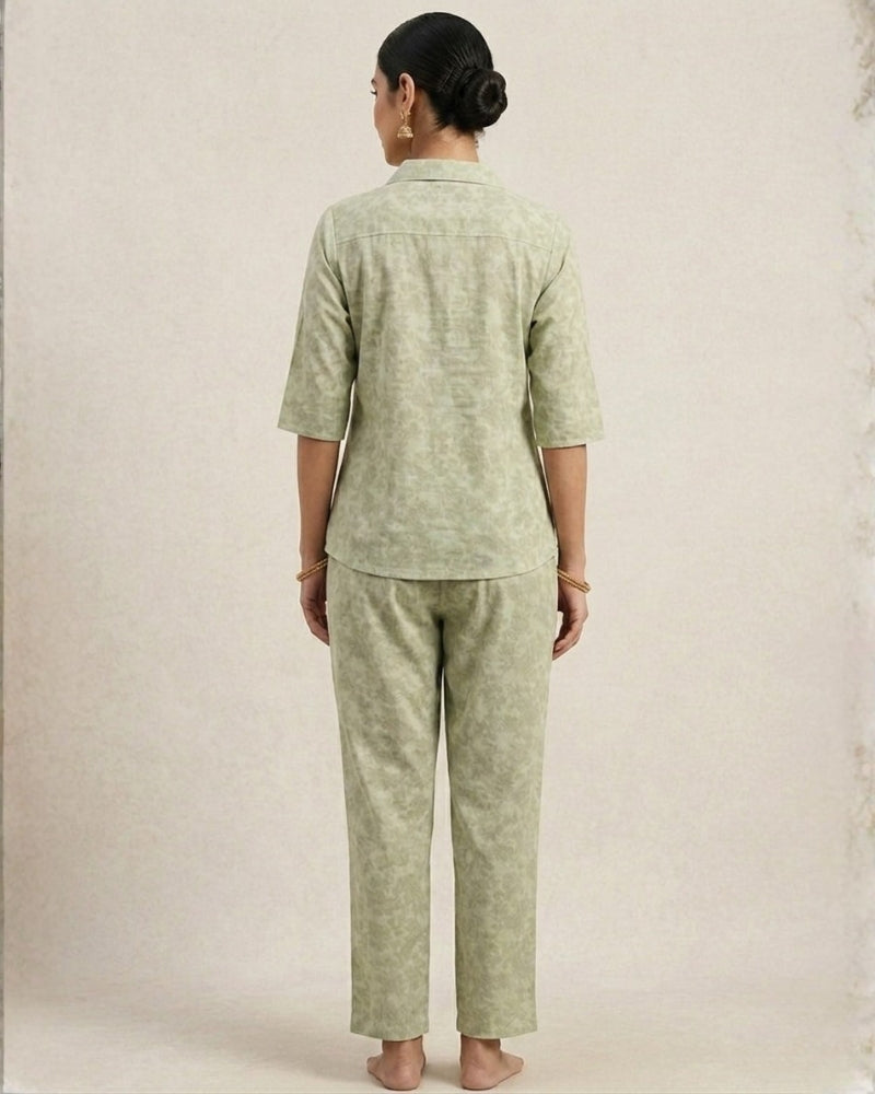 Collard Cotton Designer Printed Co-Ord Set - Pista