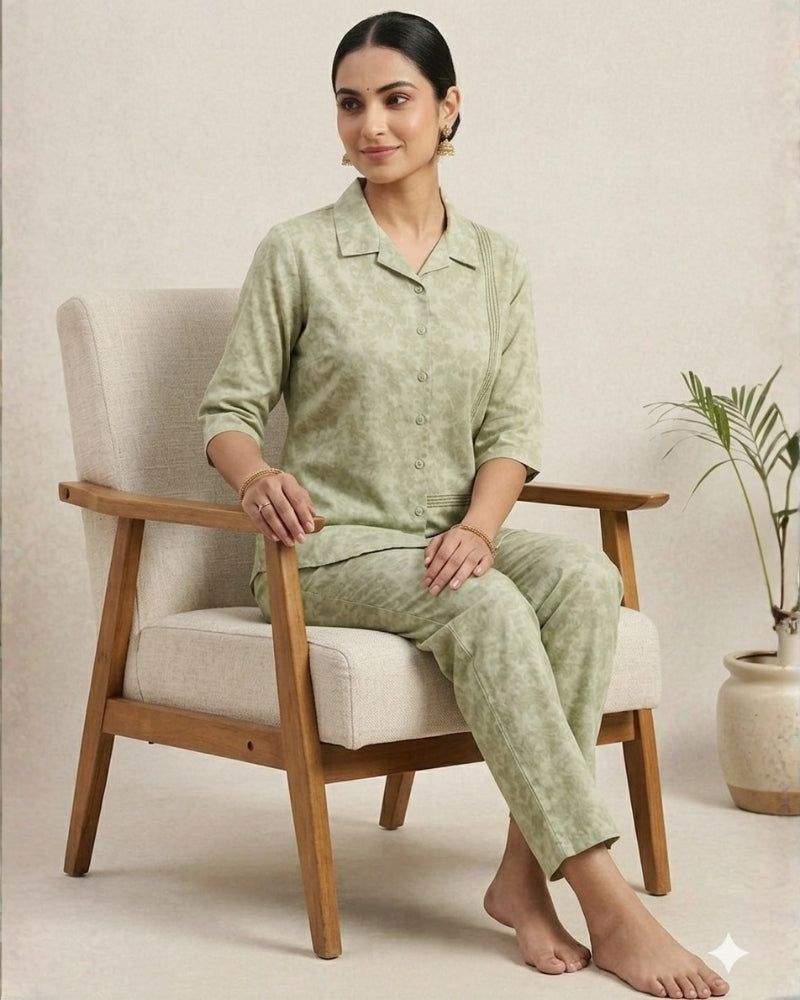 Collard Cotton Designer Printed Co-Ord Set - Pista