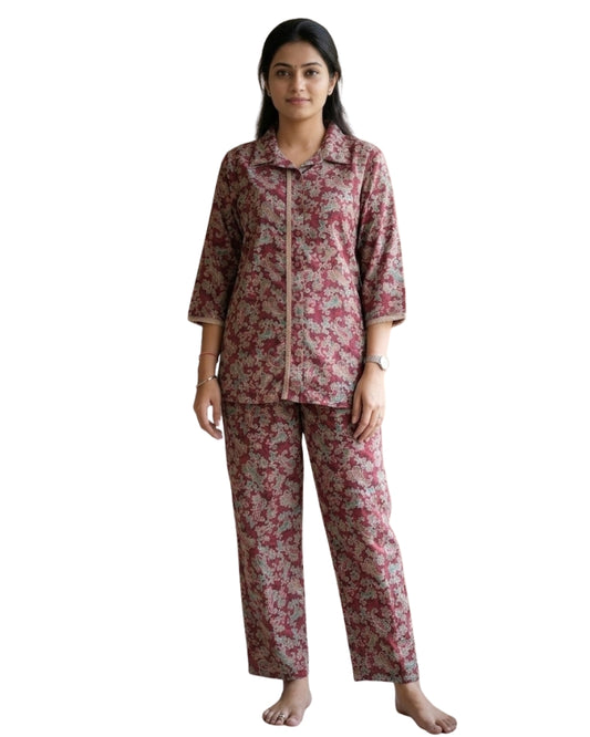 Collard Cotton Designer Printed Co-Ord Set - Maroon