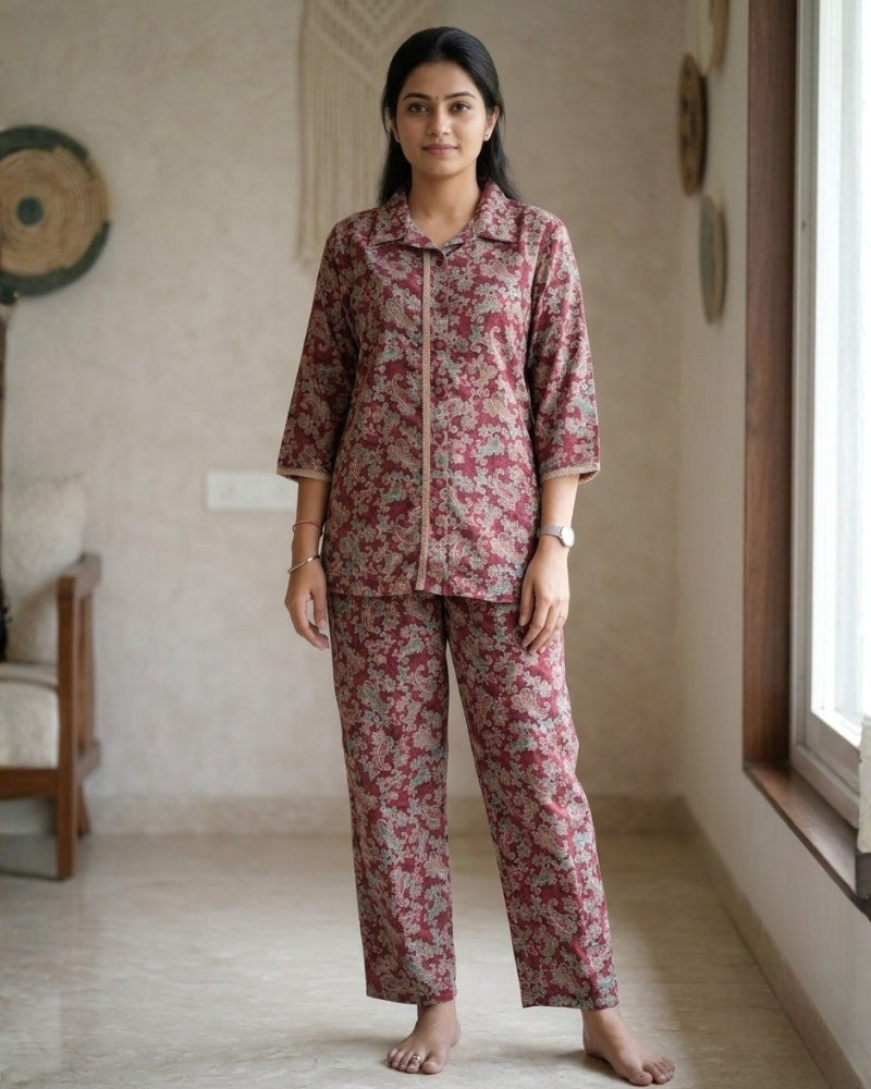 Collard Cotton Designer Printed Co-Ord Set - Maroon