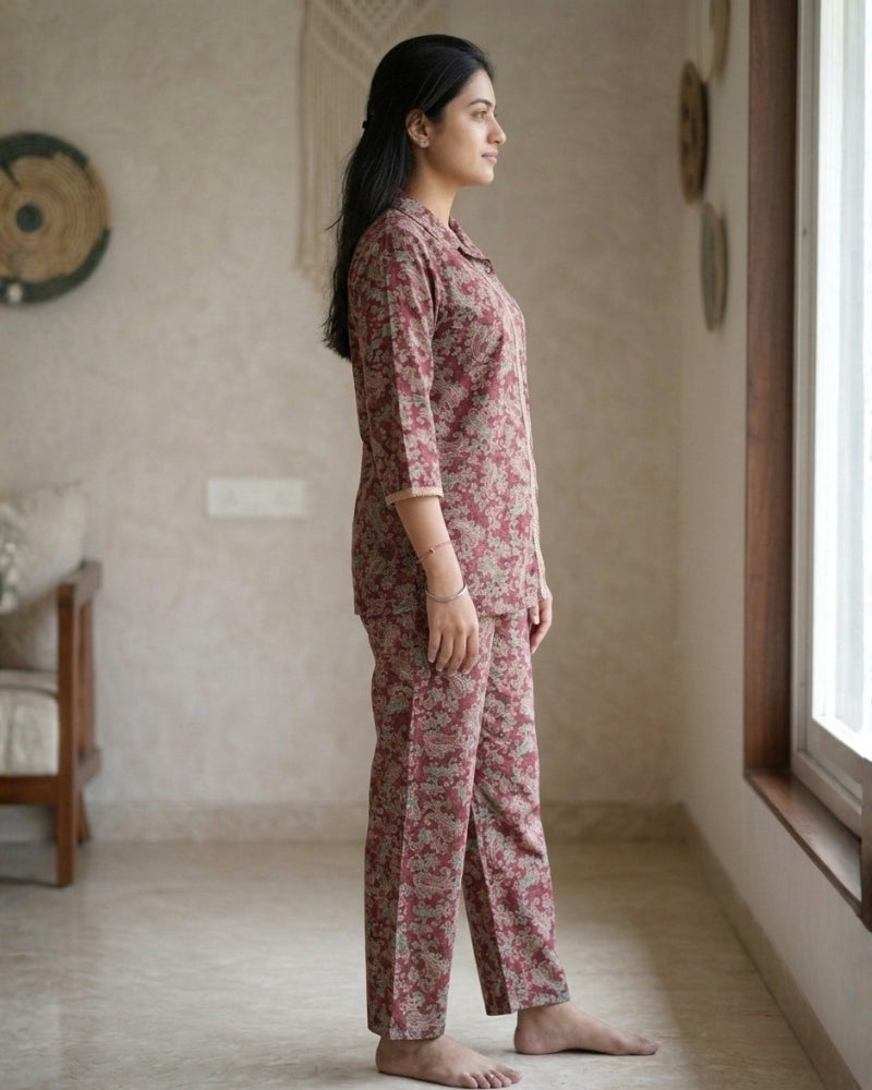 Collard Cotton Designer Printed Co-Ord Set - Maroon