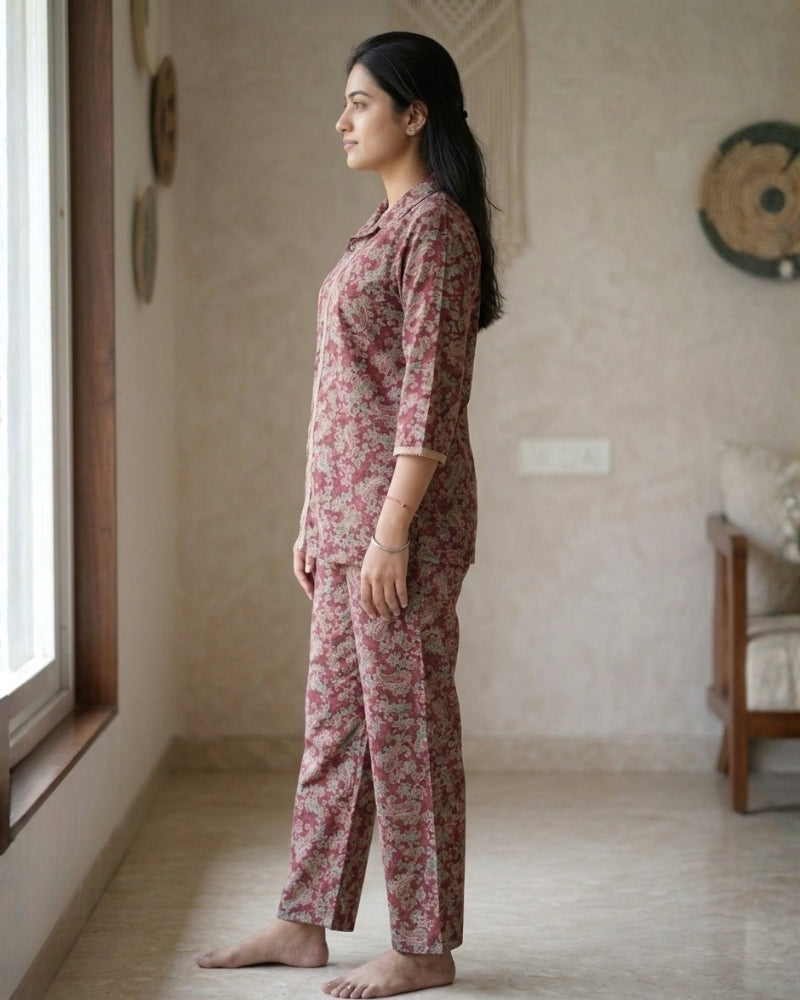 Collard Cotton Designer Printed Co-Ord Set - Maroon