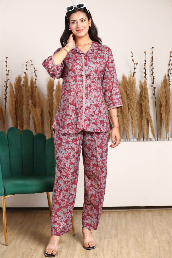 Collard Cotton Designer Printed Co-Ord Set - Maroon