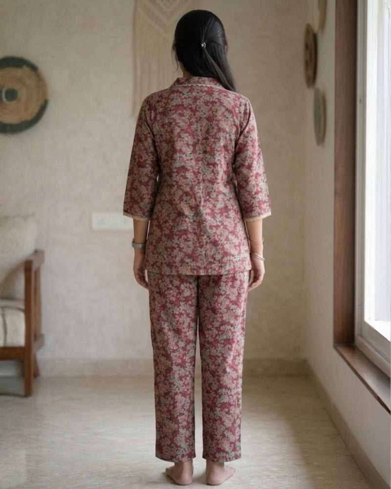 Collard Cotton Designer Printed Co-Ord Set - Maroon