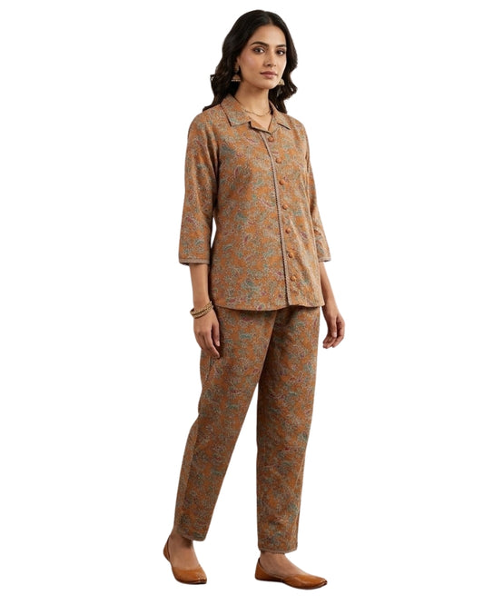 Collard Cotton Designer Printed Co-Ord Set - Mustard
