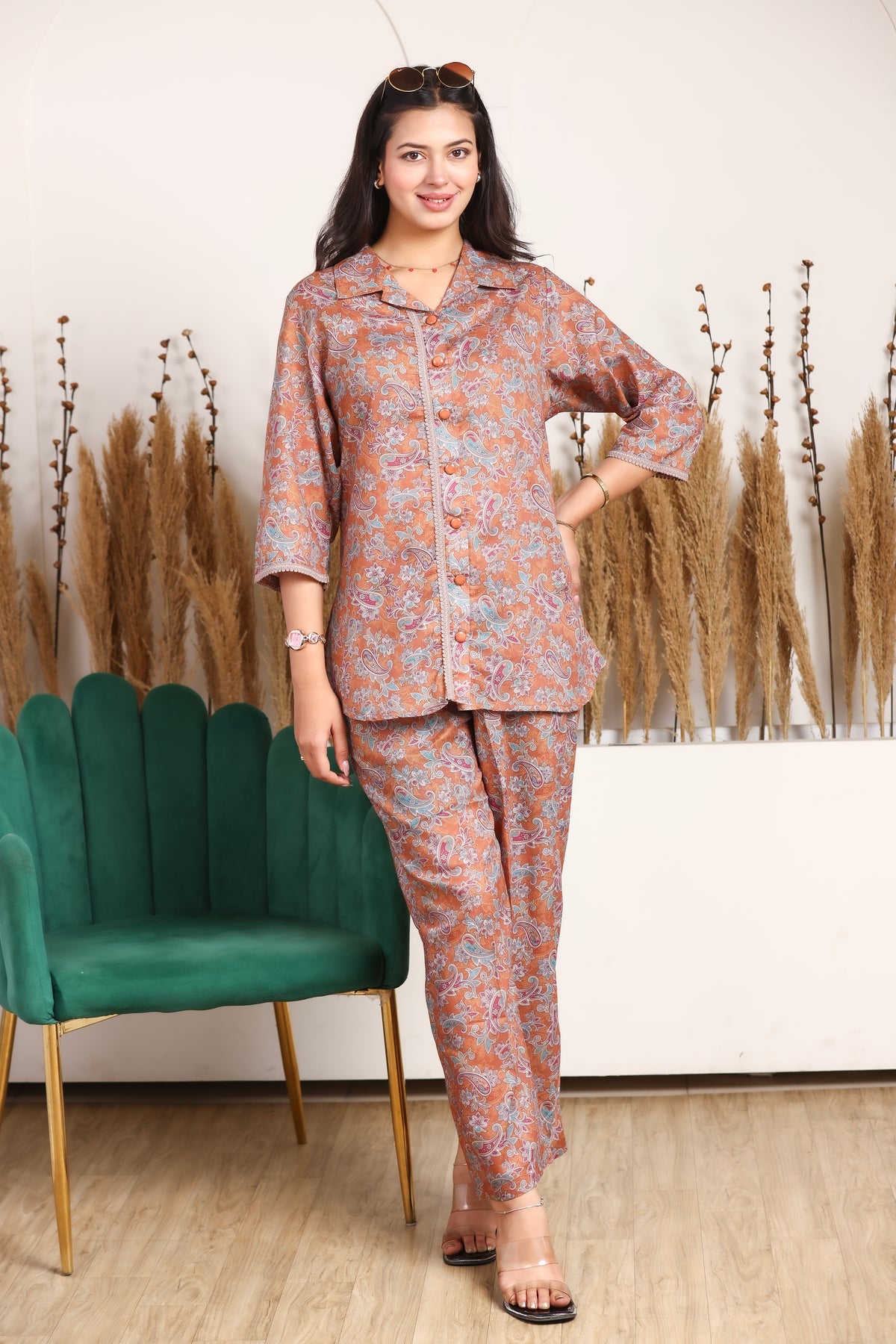Collard Cotton Designer Printed Co-Ord Set - Mustard