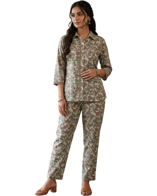 Collard Cotton Designer Printed Co-Ord Set - White