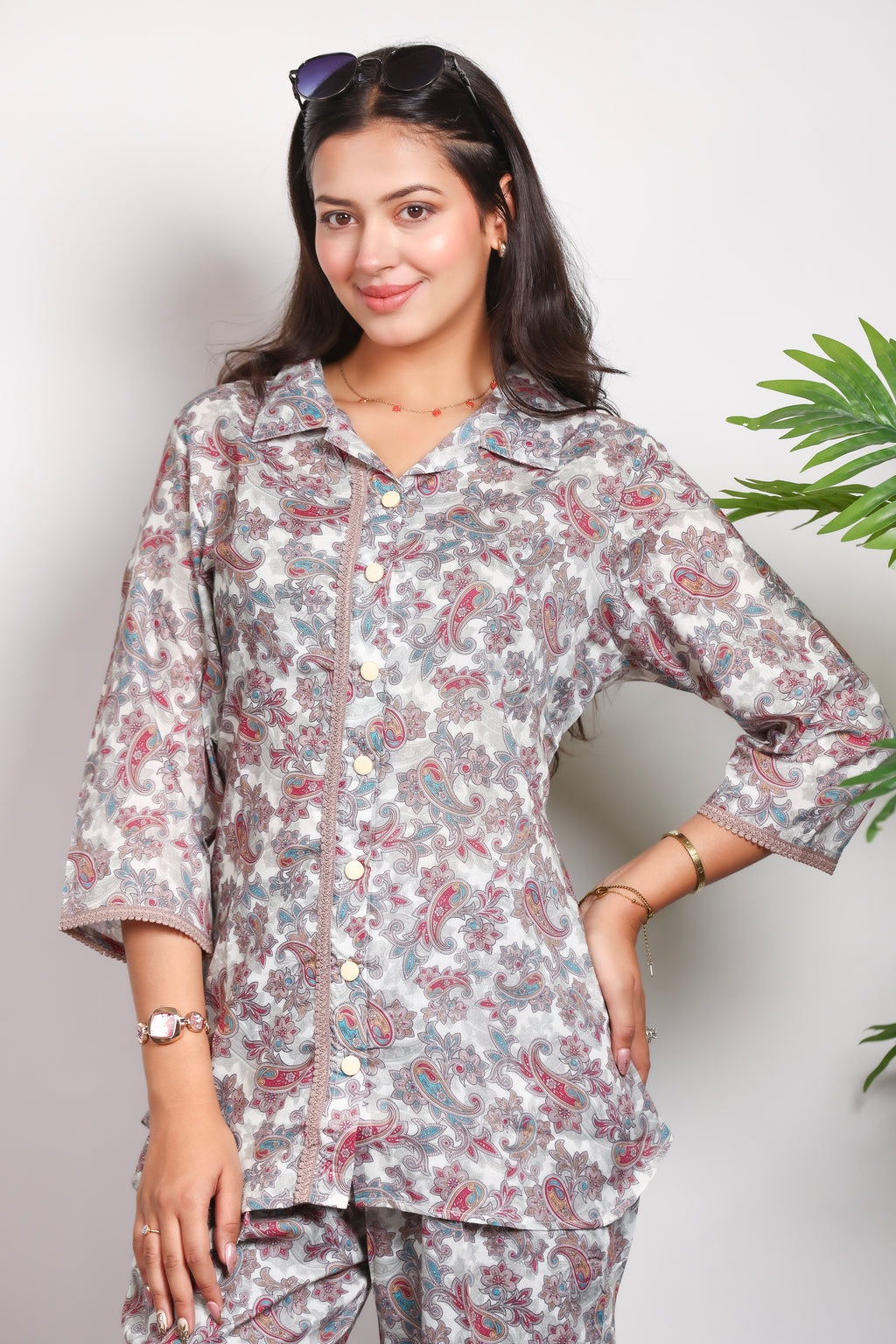 Collard Cotton Designer Printed Co-Ord Set - White