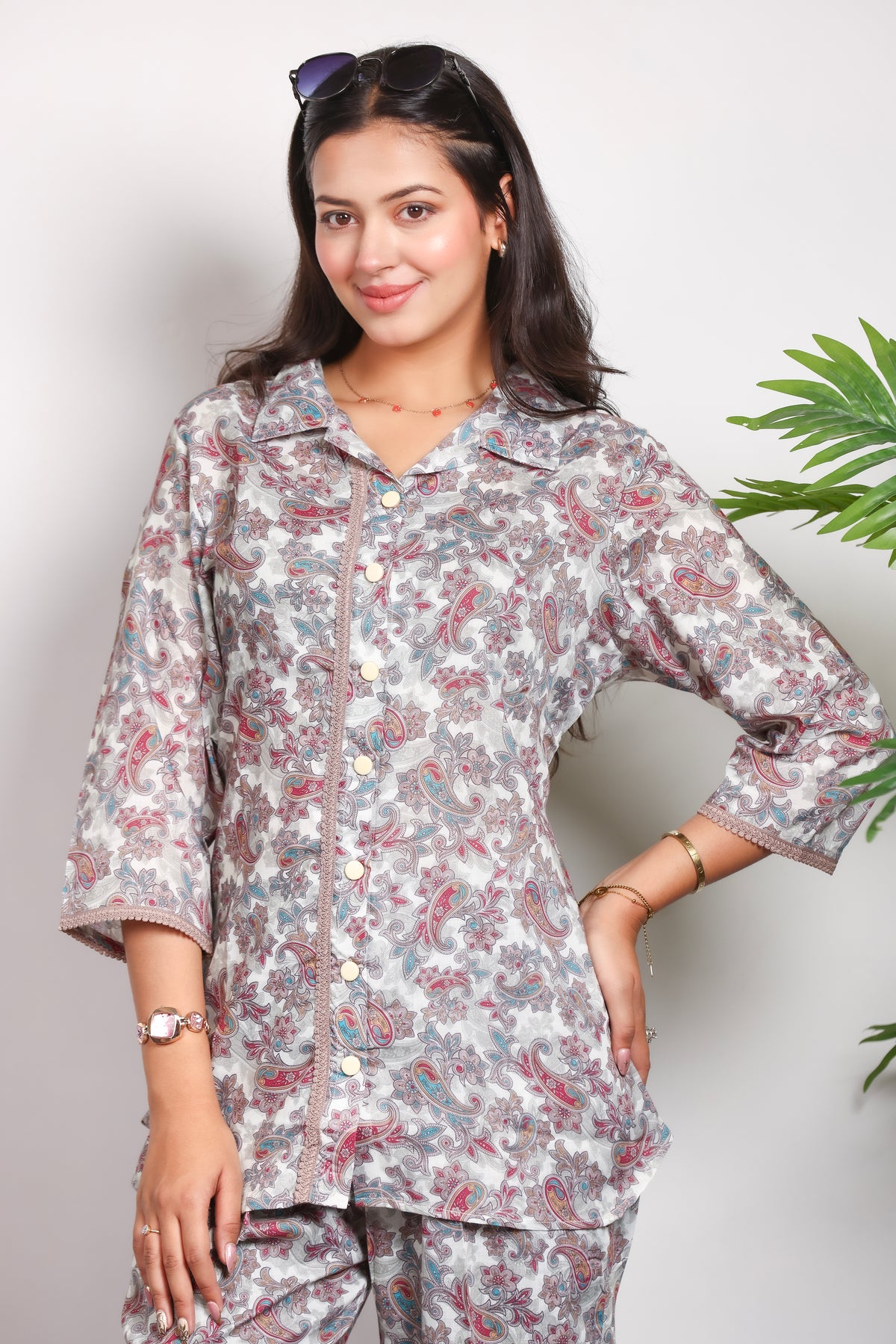 Collard Cotton Designer Printed Co-Ord Set - White