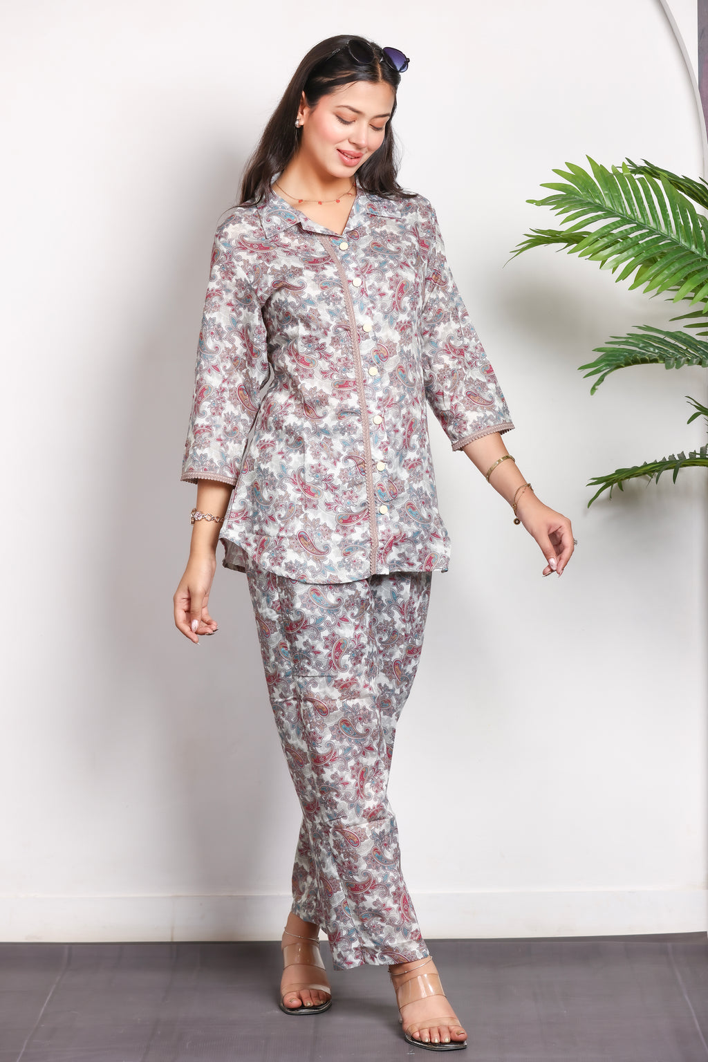 Collard Cotton Designer Printed Co-Ord Set - White