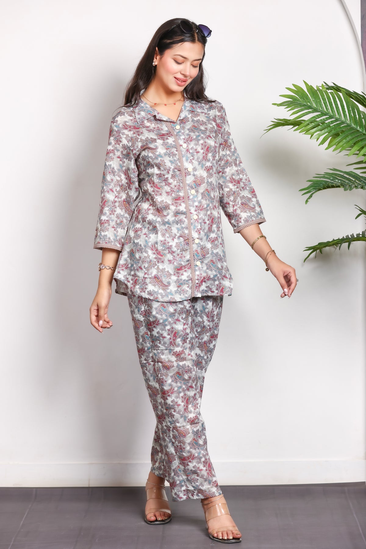 Collard Cotton Designer Printed Co-Ord Set - White