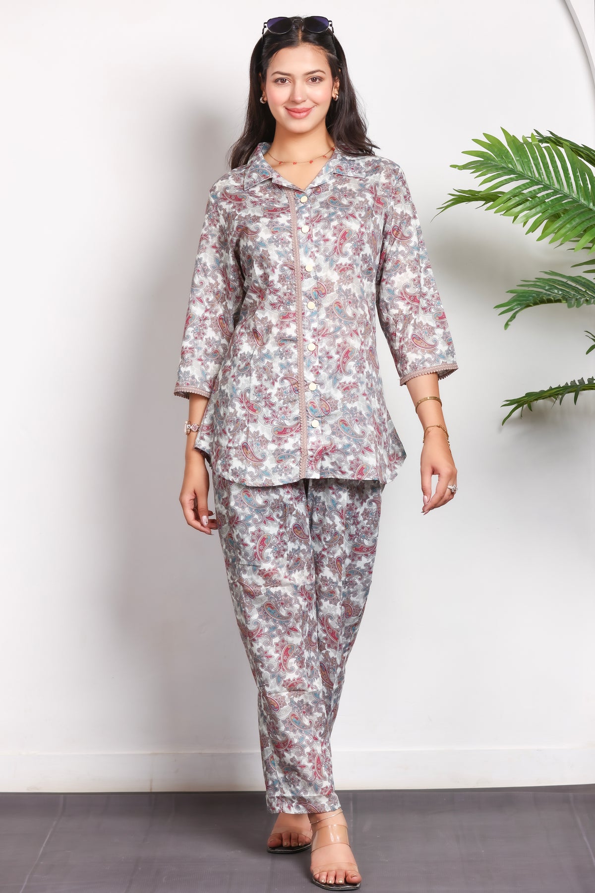 Collard Cotton Designer Printed Co-Ord Set - White