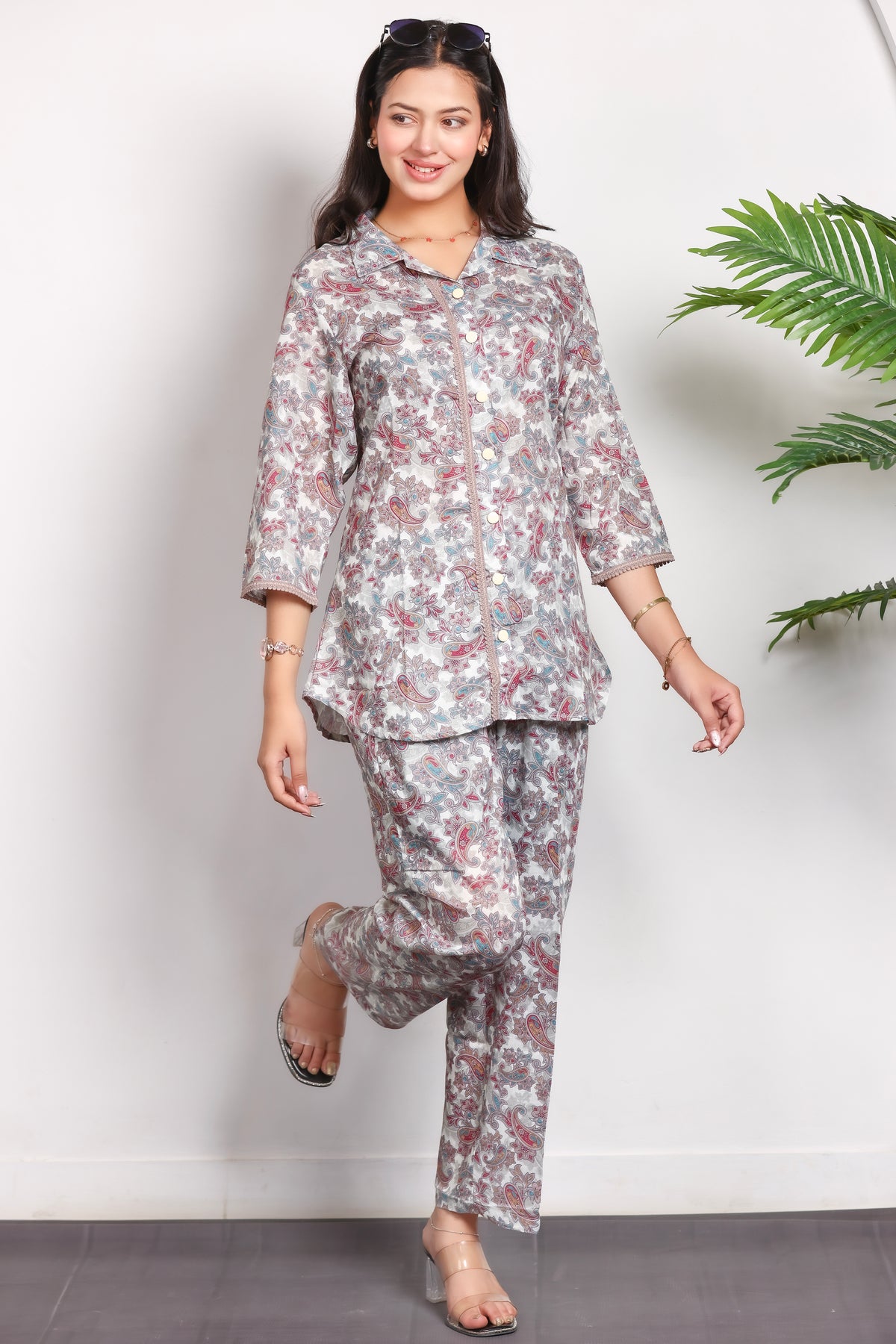 Collard Cotton Designer Printed Co-Ord Set - White