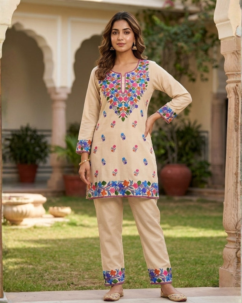 Kashmiri Floral Embroidered Cotton Cord Set- Beige