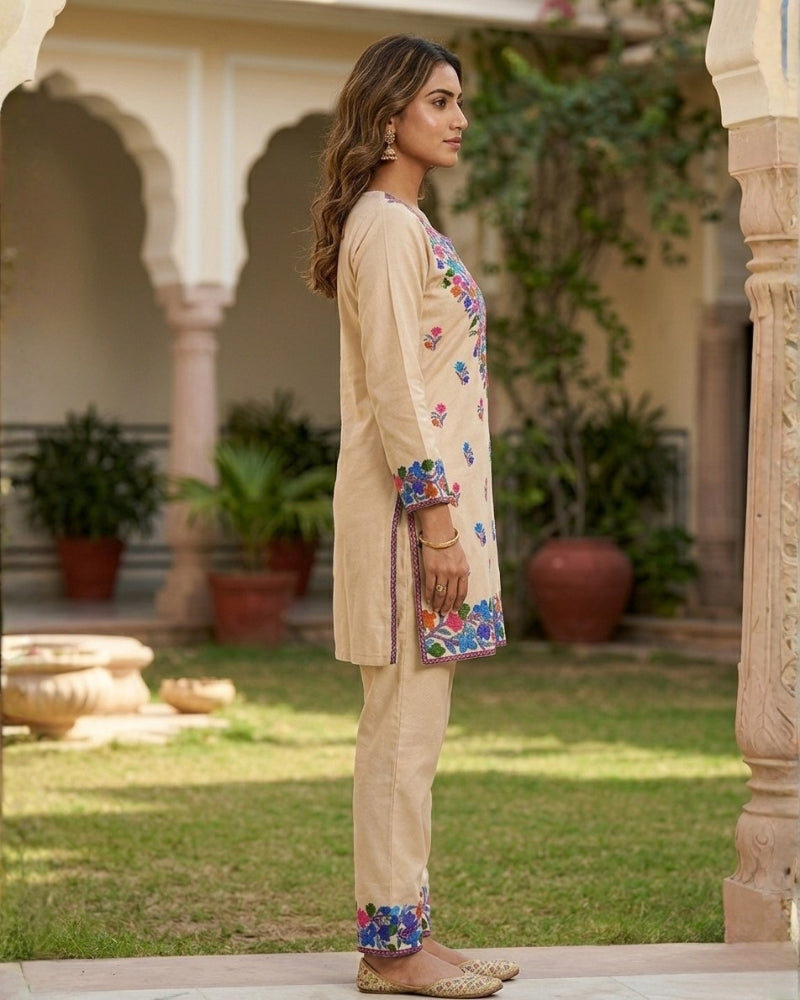 Kashmiri Floral Embroidered Cotton Cord Set- Beige