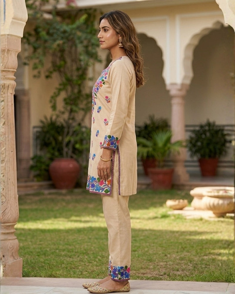 Kashmiri Floral Embroidered Cotton Cord Set- Beige
