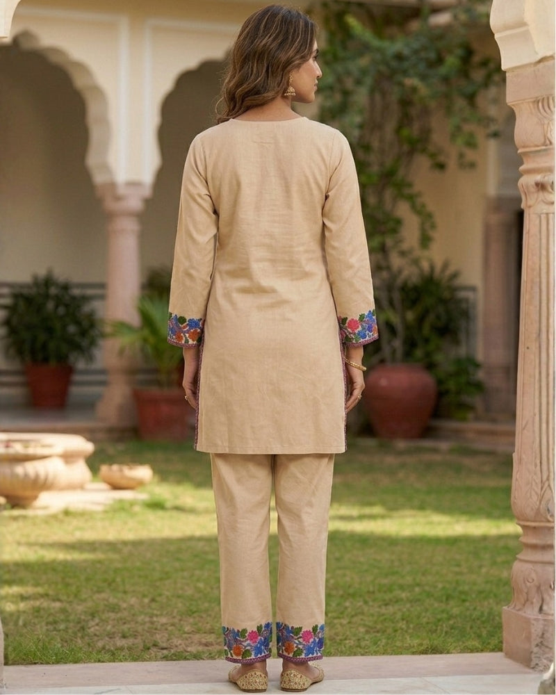 Kashmiri Floral Embroidered Cotton Cord Set- Beige