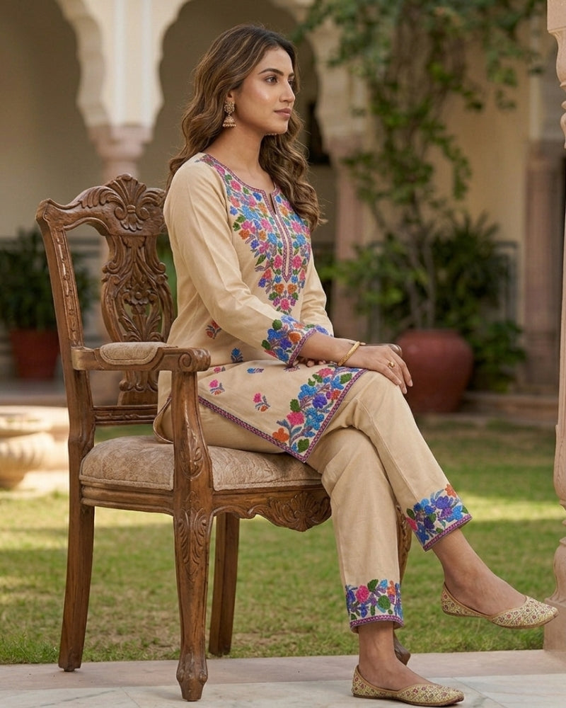 Kashmiri Floral Embroidered Cotton Cord Set- Beige