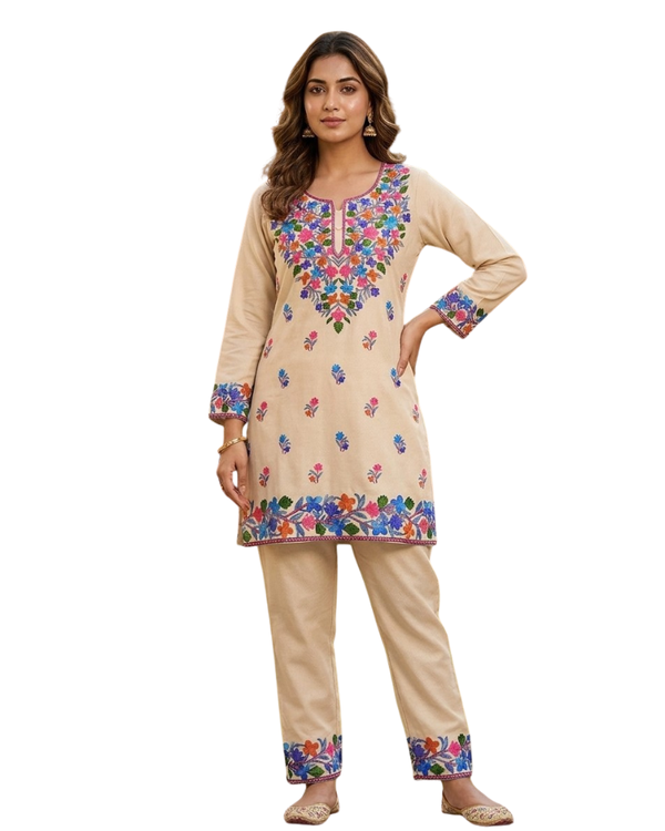 Kashmiri Floral Embroidered Cotton Cord Set- Beige