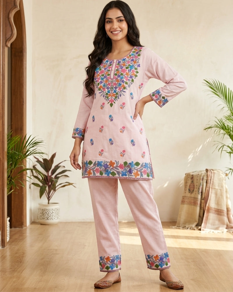 Kashmiri Floral Embroidered Cotton Cord Set- Pink