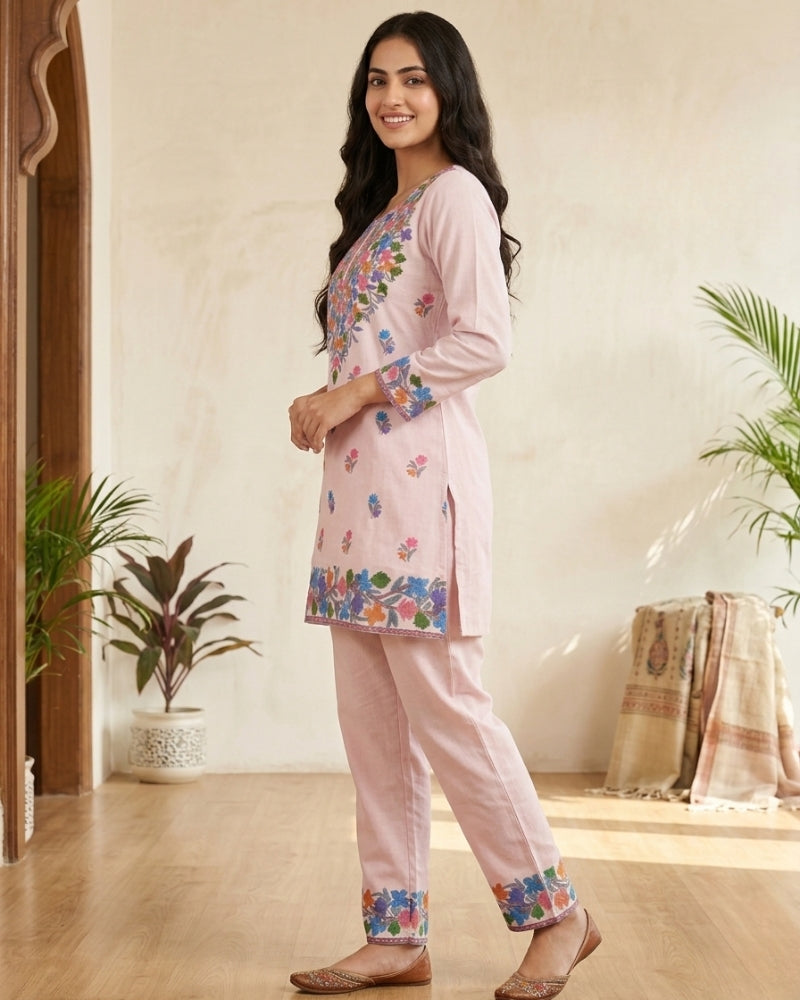 Kashmiri Floral Embroidered Cotton Cord Set- Pink