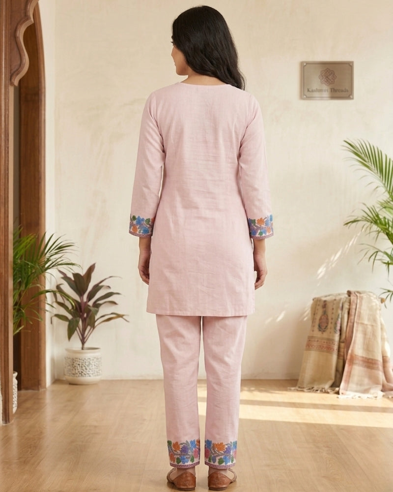 Kashmiri Floral Embroidered Cotton Cord Set- Pink