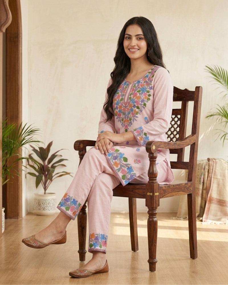 Kashmiri Floral Embroidered Cotton Cord Set- Pink