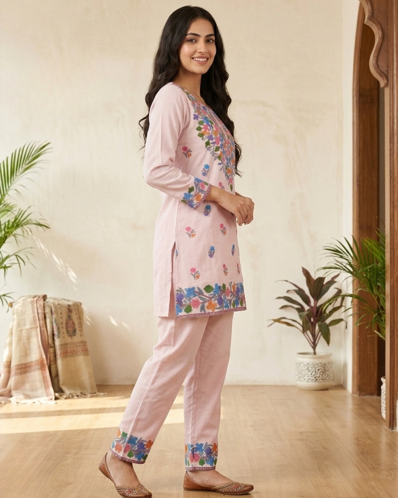 Kashmiri Floral Embroidered Cotton Cord Set- Pink