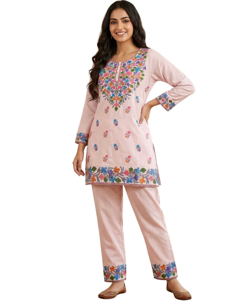 Kashmiri Floral Embroidered Cotton Cord Set- Pink