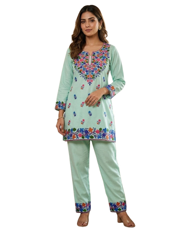 Kashmiri Floral Embroidered Cotton Cord Set- Pista