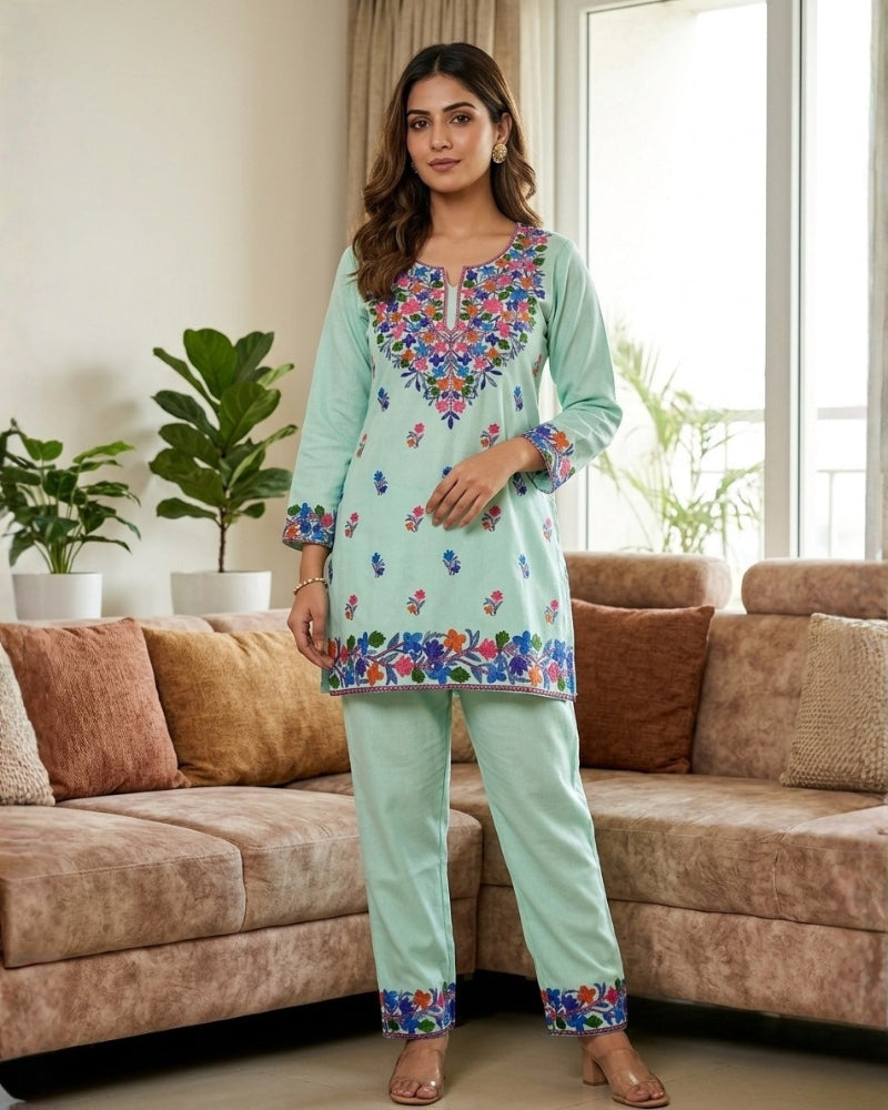 Kashmiri Floral Embroidered Cotton Cord Set- Pista