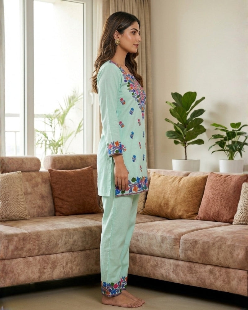 Kashmiri Floral Embroidered Cotton Cord Set- Pista