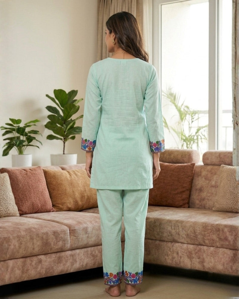 Kashmiri Floral Embroidered Cotton Cord Set- Pista