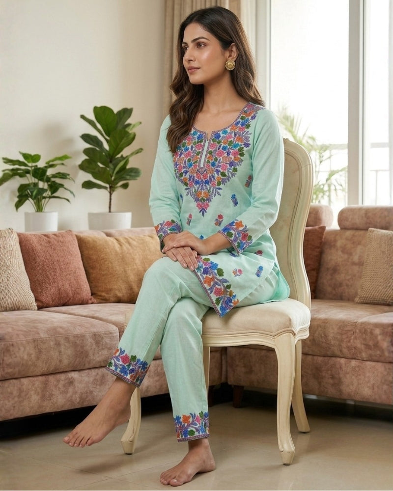 Kashmiri Floral Embroidered Cotton Cord Set- Pista