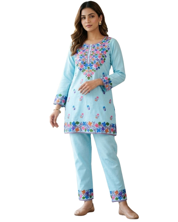 Kashmiri Floral Embroidered Cotton Cord Set- Sky Blue