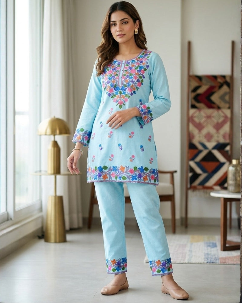 Kashmiri Floral Embroidered Cotton Cord Set- Sky Blue