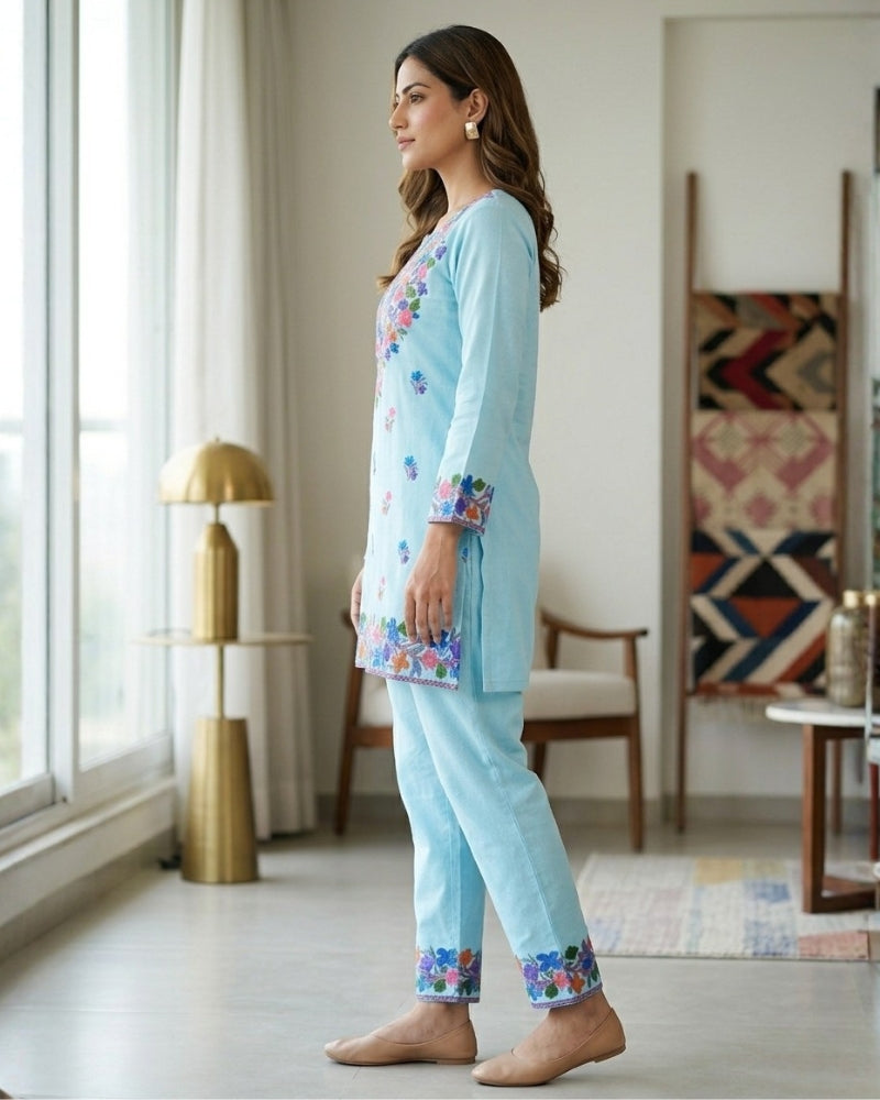 Kashmiri Floral Embroidered Cotton Cord Set- Sky Blue