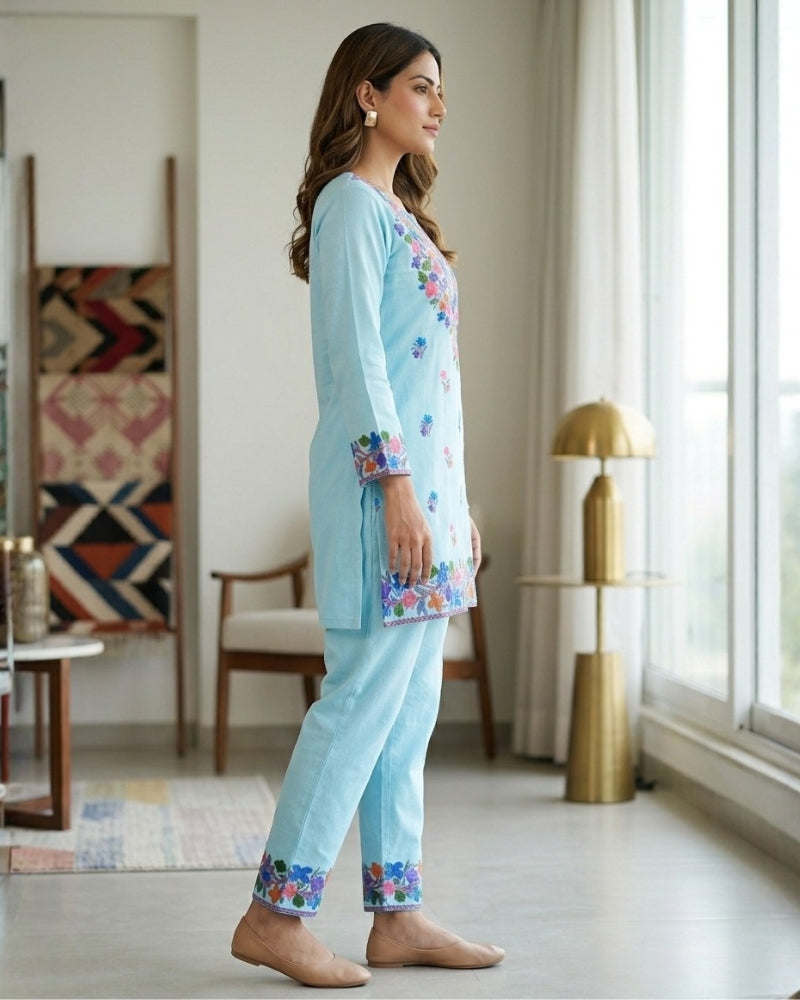 Kashmiri Floral Embroidered Cotton Cord Set- Sky Blue