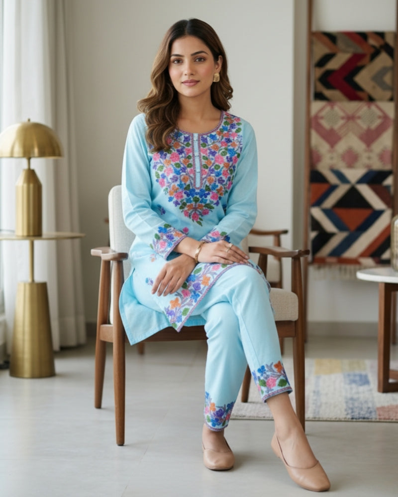 Kashmiri Floral Embroidered Cotton Cord Set- Sky Blue