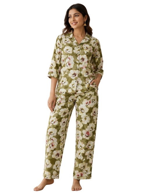 Floral Printed Rayon Cotton Co-Ord Set - Green
