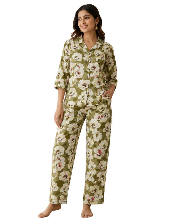 Floral Printed Rayon Cotton Co-Ord Set - Green