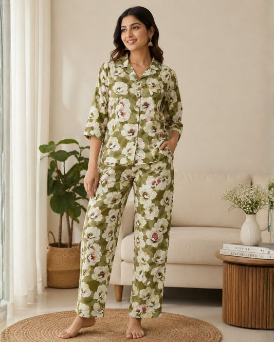 Floral Printed Rayon Cotton Co-Ord Set - Green