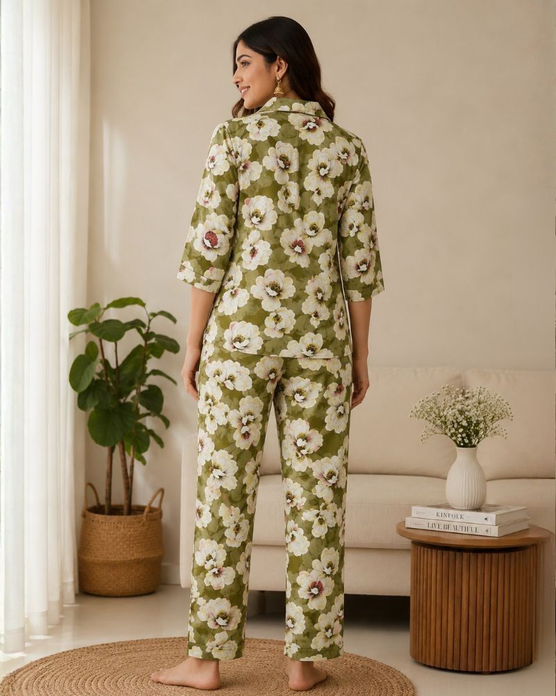 Floral Printed Rayon Cotton Co-Ord Set - Green