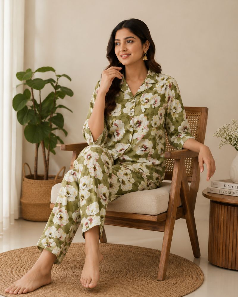 Floral Printed Rayon Cotton Co-Ord Set - Green
